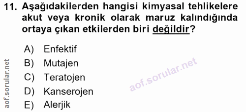 11. soru: Aşağıdakilerden hangisi kimyasal tehlikelere akut veya kronik olarak maruz kalındığında ortaya çıkan etkilerden biri…