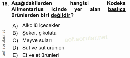 18. soru: Aşağıdakilerden hangisi Kodeks Alimentarius içinde yer alan başlıca ürünlerden biri değildir? A) Alkollü içecekler B)…
