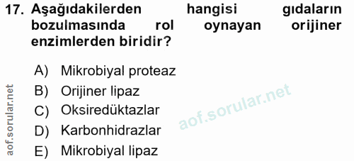 17. soru: Aşağıdakilerden hangisi gıdaların bozulmasında rol oynayan orijiner enzimlerden biridir? A) Mikrobiyal proteaz B) Ori…