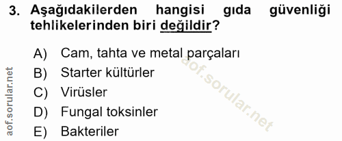 3. soru: Aşağıdakilerden hangisi gida güvenliği tehlikelerinden biri değildir? A) Cam, tahta ve metal parçaları B) Starter kül…
