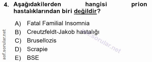 4. soru: Aşağıdakilerden hangisi prion hastalıklarından biri değildir? A) Fatal Familial Insomnia B) Creutzfeldt-Jakob hastalı…