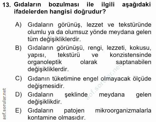 13. soru: Gıdaların bozulması ile ilgili aşağıdaki ifadelerden hangisi doğrudur? A) Gıdaların görünüş, lezzet ve tekstüründe ol…