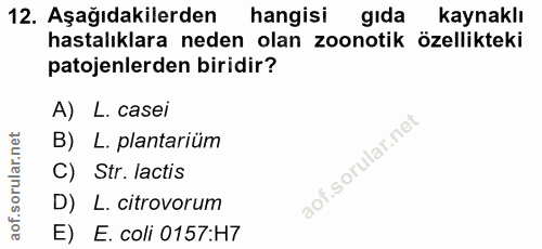 12. soru: Aşağıdakilerden hangisi gida kaynaklı hastalıklara neden olan zoonotik özellikteki patojenlerden biridir? A) L. casei…