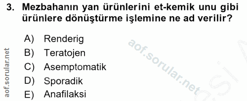 3. soru: Mezbahanın yan ürünlerini et-kemik unu gibi ürünlere dönüştürme işlemine ne ad verilir? A) Renderig B) Teratojen Asem…