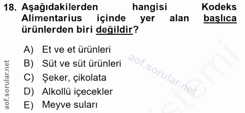 18. soru: Aşağıdakilerden hangisi Kodeks Alimentarius içinde yer alan başlıca ürünlerden biri değildir? A) Et ve et ürünleri B)…