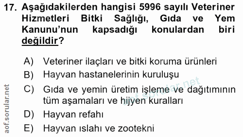 17. soru: Aşağıdakilerden hangisi 5996 sayılı Veteriner Hizmetleri Bitki Sağlığı, Gıda ve Yem Kanunu'nun kapsadığı konulardan b…
