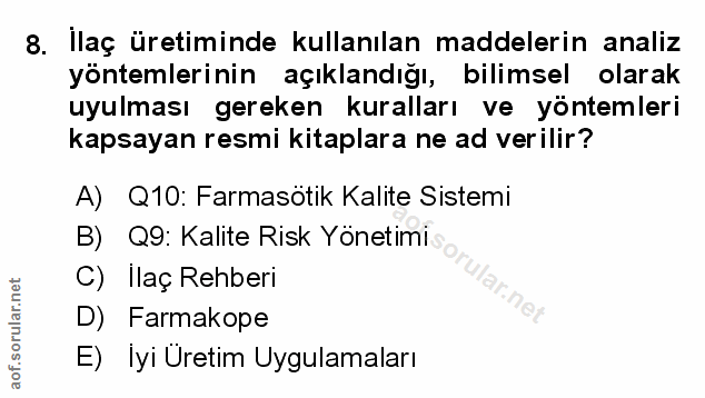 8. soru: Ilaç üretiminde kullanılan maddelerin analiz yöntemlerinin açıklandığı, bilimsel olarak uyulması gereken kuralları ve…
