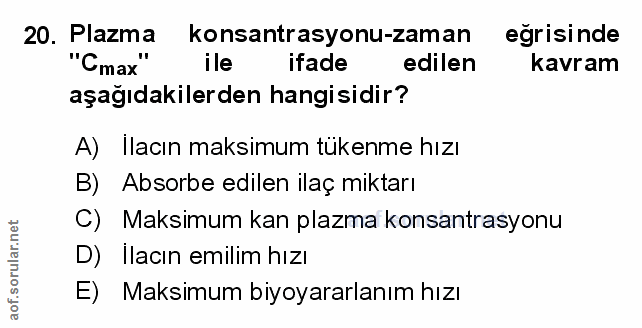 20. soru: Plazma konsantrasyonu-zaman egrisinde ile ifade edilen kavram aşağıdakilerden hangisidir? A) İlacın maksimum tükenme…