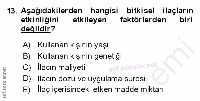 13. soru: Aşağıdakilerden hangisi bitkisel ilaçların etkinliğini etkileyen faktörlerden biri değildir? A) Kullanan kişinin yaşı…