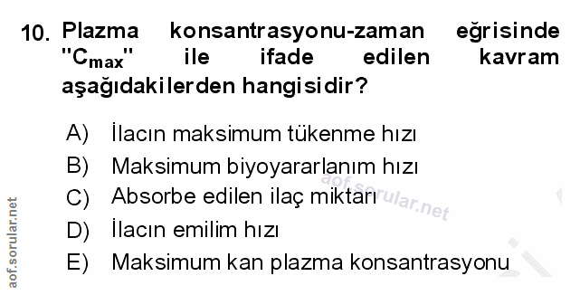 10. soru: Plazma konsantrasyonu-zaman eğrisinde "'Cmax" ile ifade edilen kavram aşağıdakilerden hangisidir? A) Ilacın maksimum…