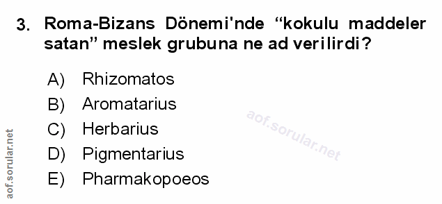 3. soru: Roma-Bizans Dönemi'nde "kokulu maddeler satan" meslek grubuna ne ad verilirdi? A) Rhizomatos B) Aromatarius C) Herbar…