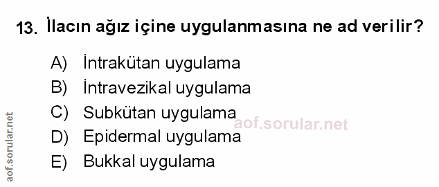 13. soru: İlacın ağız içine uygulanmasına ne ad verilir? A) Intrakütan uygulama B)E Intravezikal uygulama C) Subkütan uygulama…
