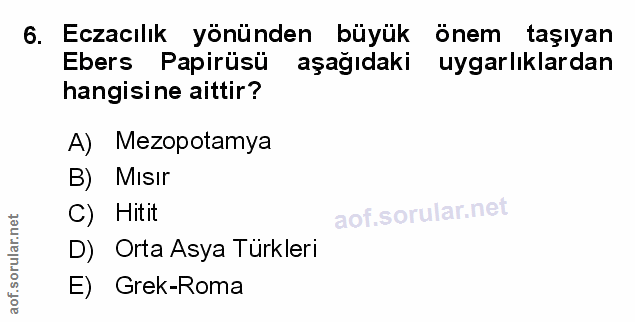 6. soru: Eczacılik yönünden büyük önem taşıyan Ebers Papirüsü aşağıdaki uygarlıklardan hangisine aittir? A) Mezopotamya B) Mis…