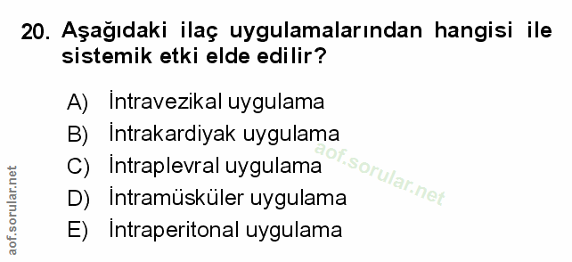 20. soru: Aşağıdaki ilaç uygulamalarından hangisi ile sistemik etki elde edilir? A) Intravezikal uygulama B) Intrakardiyak uygu…