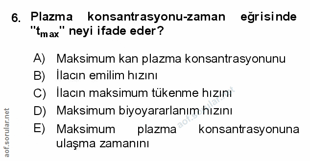 6. soru: Plazma konsantrasyonu-zaman egrisinde "'max" neyi ifade eder? A) Maksimum kan plazma konsantrasyonunu B) Ilacın emili…