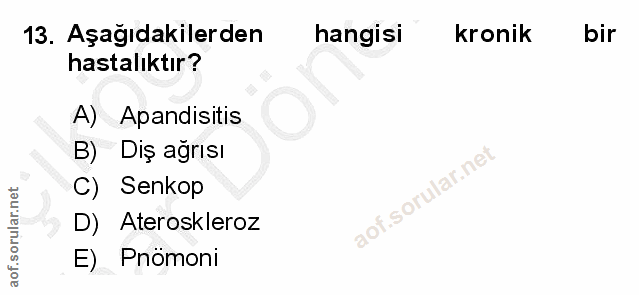 13. soru: Aşağıdakilerden hangisi kronik bir hastalıktır? A) Apandisitis B) Diş ağrısı C) Senkop D) Ateroskleroz E) Pnömoni