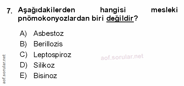 7. soru: Aşağıdakilerden hangisi mesleki pnömokonyozlardan biri değildir? A) Asbestoz B) Berillozis C) Leptospiroz D) Silikoz…