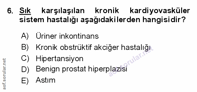 6. soru: Sık karşılaşılan kronik kardiyovasküler sistem hastalığı aşağıdakilerden hangisidir? A) Uriner inkontinans B) Kronik…