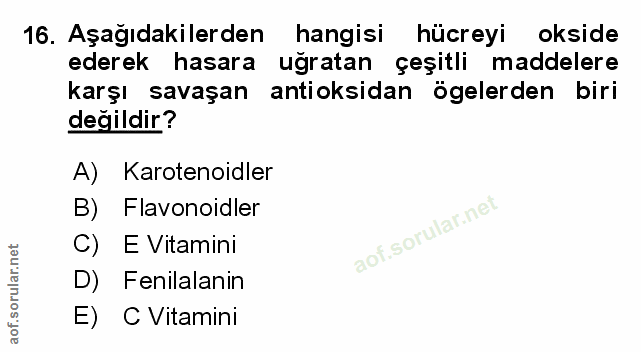 16. soru: Aşağıdakilerden hangisi hücreyi okside ederek hasara ugratan çeşitli maddelere karşı savaşan antioksidan ögelerden bi…