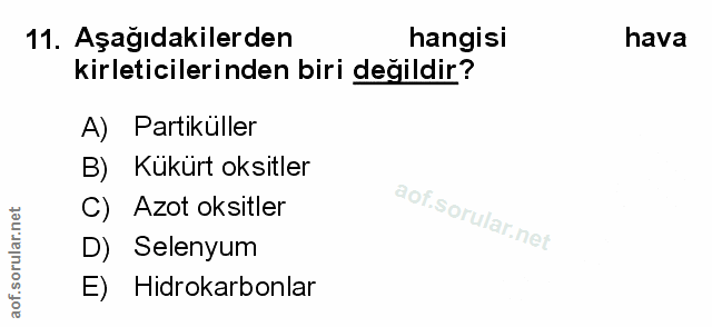 11. soru: Aşağıdakilerden hangisi hava kirleticilerinden biri değildir? A) Partiküller B) Kükürt oksitler C) Azot oksitler D) S…