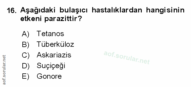 16. soru: Aşağıdaki bulaşıcı hastalıklardan hangisinin etkeni parazittir? A) Tetanos B) Tuberkuloz C) Askariazis D) Suçiçeği E)…