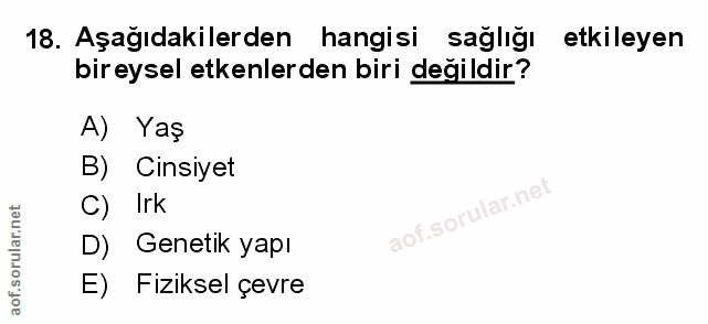 18. soru: Aşağıdakilerden hangisi sağlığı etkileyen bireysel etkenlerden biri değildir? A) Yaş B) Cinsiyet C) Irk D) Genetik ya…