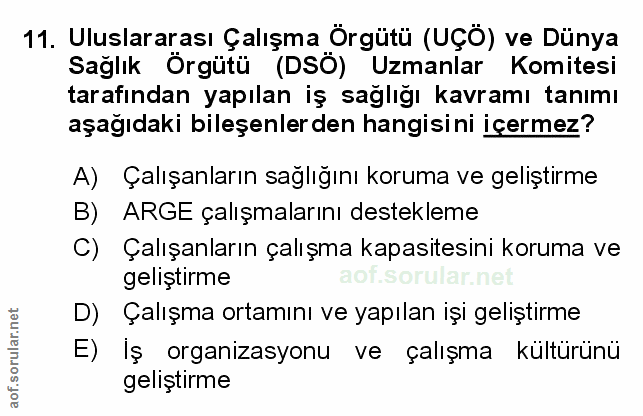 11. soru: Uluslararası Çalışma Örgütü (UÇÖ) ve Dünya Sağlık Örgütü (DSÖ) Uzmanlar Komitesi tarafından yapılan iş sağlığı kavram…
