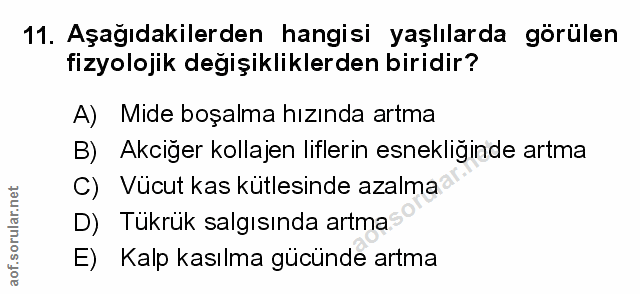 11. soru: Aşağıdakilerden hangisi yaşlılarda görülen fizyolojik değişikliklerden biridir? A) Mide boşalma hızında artma B) Akci…
