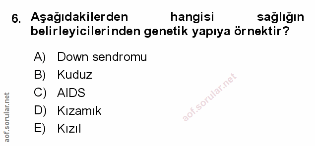 6. soru: Aşağıdakilerden hangisi sağlığın belirleyicilerinden genetik yapıya örnektir? A) Down sendromu B) Kuduz C) AIDS D) Kı…