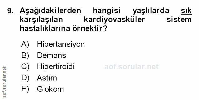 9. soru: Aşağıdakilerden hangisi yaşlılarda sık karşılaşılan kardiyovasküler sistem hastalıklarına örnektir? A) Hipertansiyon…