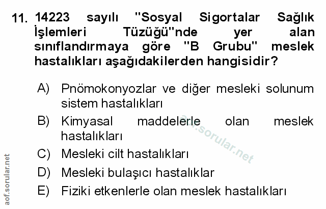 11. soru: 14223 sayılı "Sosyal Sigortalar Sağlık İşlemleri Tüzüğü"nde yer alan sınıflandırmaya göre "B Grubu" meslek hastalıkla…