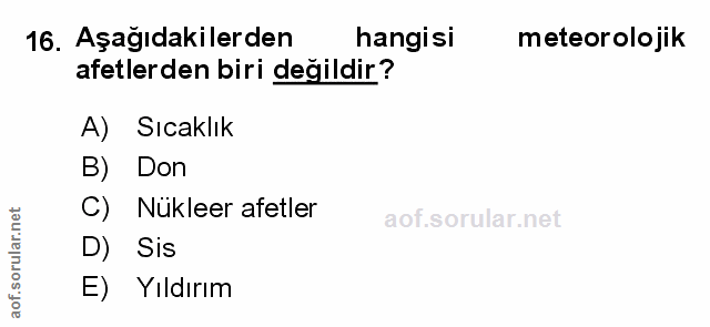 16. soru: Aşağıdakilerden hangisi meteorolojik afetlerden biri değildir? A) Sıcaklık B) Don C) Nükleer afetler D) Sis E) Yıldırım