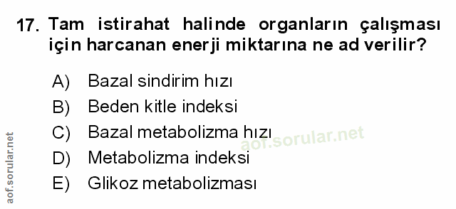 17. soru: Tam istirahat halinde organların çalışması için harcanan enerji miktarına ne ad verilir? A) Bazal sindirim hızı B) Be…