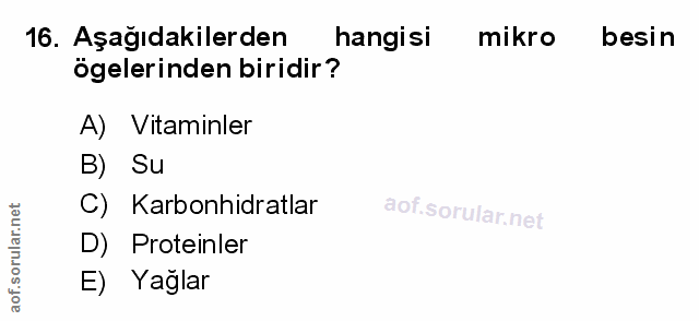 16. soru: Aşağıdakilerden hangisi mikro besin ögelerinden biridir? A) Vitaminler B) Su C) Karbonhidratlar D) Proteinler E) Yağlar