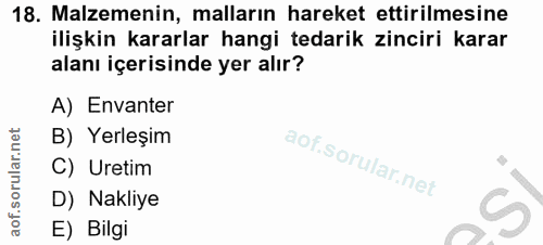 18. soru: Malzemenin, malların hareket ettirilmesine ilişkin kararlar hangi tedarik zinciri karar alanı içerisinde yer alır? A)…