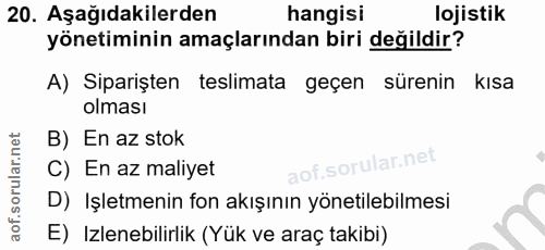 20. soru: Aşağıdakilerden hangisi lojistik yönetiminin amaçlarından biri değildir? A) Siparişten teslimata geçen sürenin kısa o…