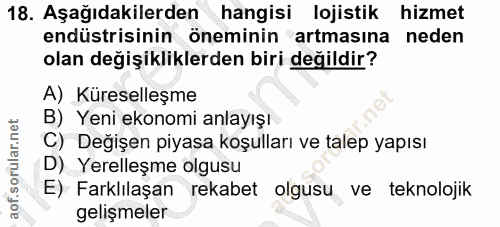 18. soru: Aşağıdakilerden hangisi lojistik hizmet endüstrisinin öneminin artmasına neden olan değişikliklerden biri değildir? A…