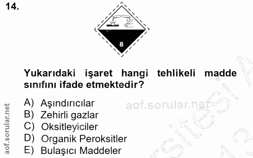 14. soru: Yukarıdaki işaret hangi tehlikeli madde sınıfını ifade etmektedir? A) Aşındırıcılar B) Zehirli gazlar C) Oksitleyicil…