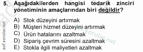 5. soru: Aşağıdakilerden hangisi tedarik zinciri yönetiminin amaçlarından biri değildir? A) Stok düzeyini artırmak B) Müşteri…
