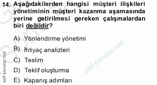 14. soru: Aşağıdakilerden hangisi müşteri ilişkileri yönetiminin müşteri kazanma aşamasında yerine getirilmesi gereken çalışmal…