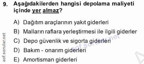 9. soru: Aşağıdakilerden hangisi depolama maliyeti içinde yer almaz? A) Dağıtım araçlarının yakıt giderleri B) Malların raflar…