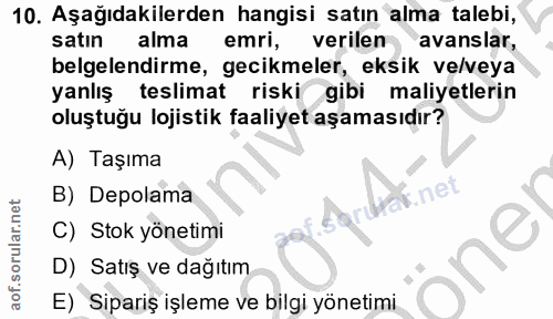 10. soru: Aşağıdakilerden hangisi satın alma talebi, satın alma emri, verilen avanslar, belgelendirme, gecikmeler, eksik ve/vey…