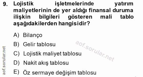 9. soru: Lojistik işletmelerinde yatırım maliyetlerinin de yer aldığı finansal duruma ilişkin bilgileri gösteren mali tablo aş…