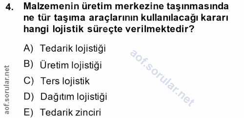 4. soru: Malzemenin üretim merkezine taşınmasında ne tür taşıma araçlarının kullanılacağı kararı hangi lojistik süreçte verilm…