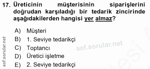 17. soru: Üreticinin müşterisinin siparişlerini doğrudan karşıladığı bir tedarik zincirinde aşağıdakilerden hangisi yer almaz?…
