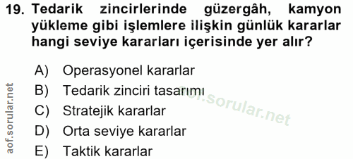 19. soru: Tedarik zincirlerinde güzergâh, kamyon yükleme gibi işlemlere ilişkin günlük kararlar hangi seviye kararları içerisin…