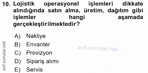 10. soru: Lojistik operasyonel işlemleri dikkate alındığında satın alma, üretim, dağıtım gibi işlemler hangi aşamada gerçekleşt…