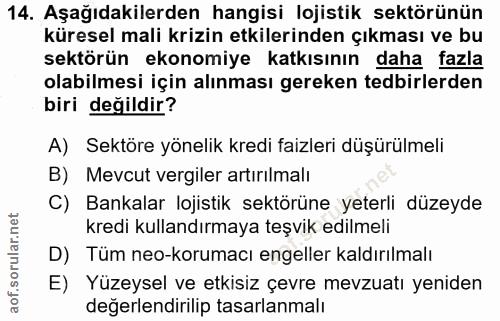 14. soru: Aşağıdakilerden hangisi lojistik sektörünün küresel mali krizin etkilerinden çıkması ve bu sektörün ekonomiye katkısı…