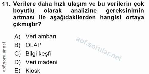 11. soru: Verilere daha hızlı ulaşım ve bu verilerin çok boyutlu olarak analizine gereksinimin artması ile aşağıdakilerden hang…