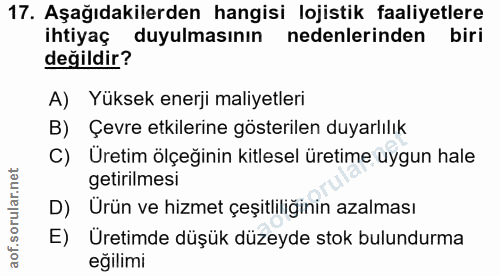 17. soru: Aşağıdakilerden hangisi lojistik faaliyetlere ihtiyaç duyulmasının nedenlerinden biri değildir? A) Yüksek enerji mali…